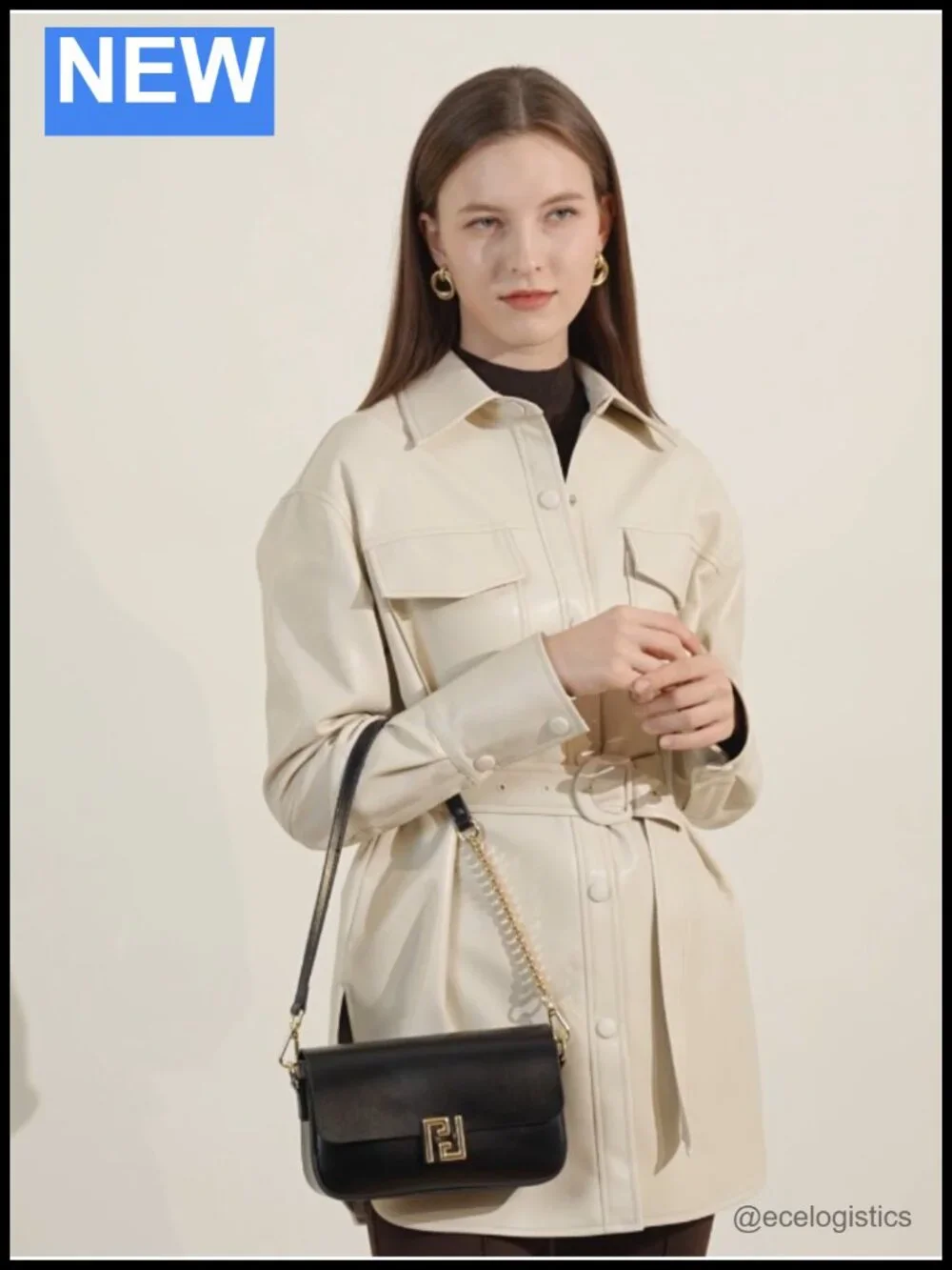 Genuine Leather Crossbody Bag with Adjustable Strap & Gold Chain